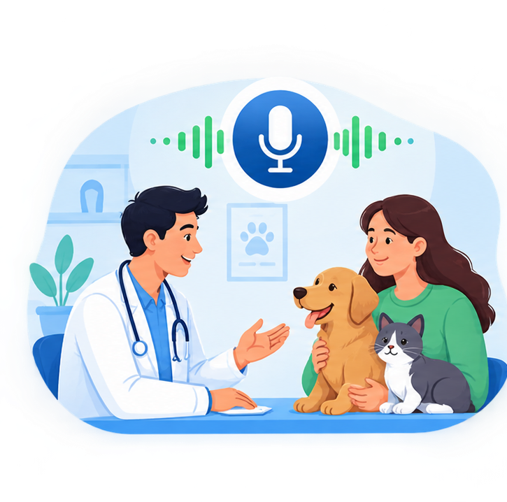 Veterinário conversando com a tutora durante a consulta, com o cachorro e o gato ao lado e um microfone captando o áudio