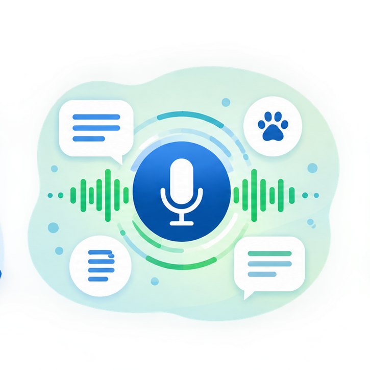 Microfone cercado por ondas sonoras e balões de informação, representando a inteligência artificial organizando os dados da conversa