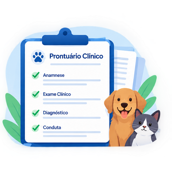 Prontuário clínico preenchido com anamnese, exame clínico, diagnóstico e conduta, ao lado de um cachorro e um gato