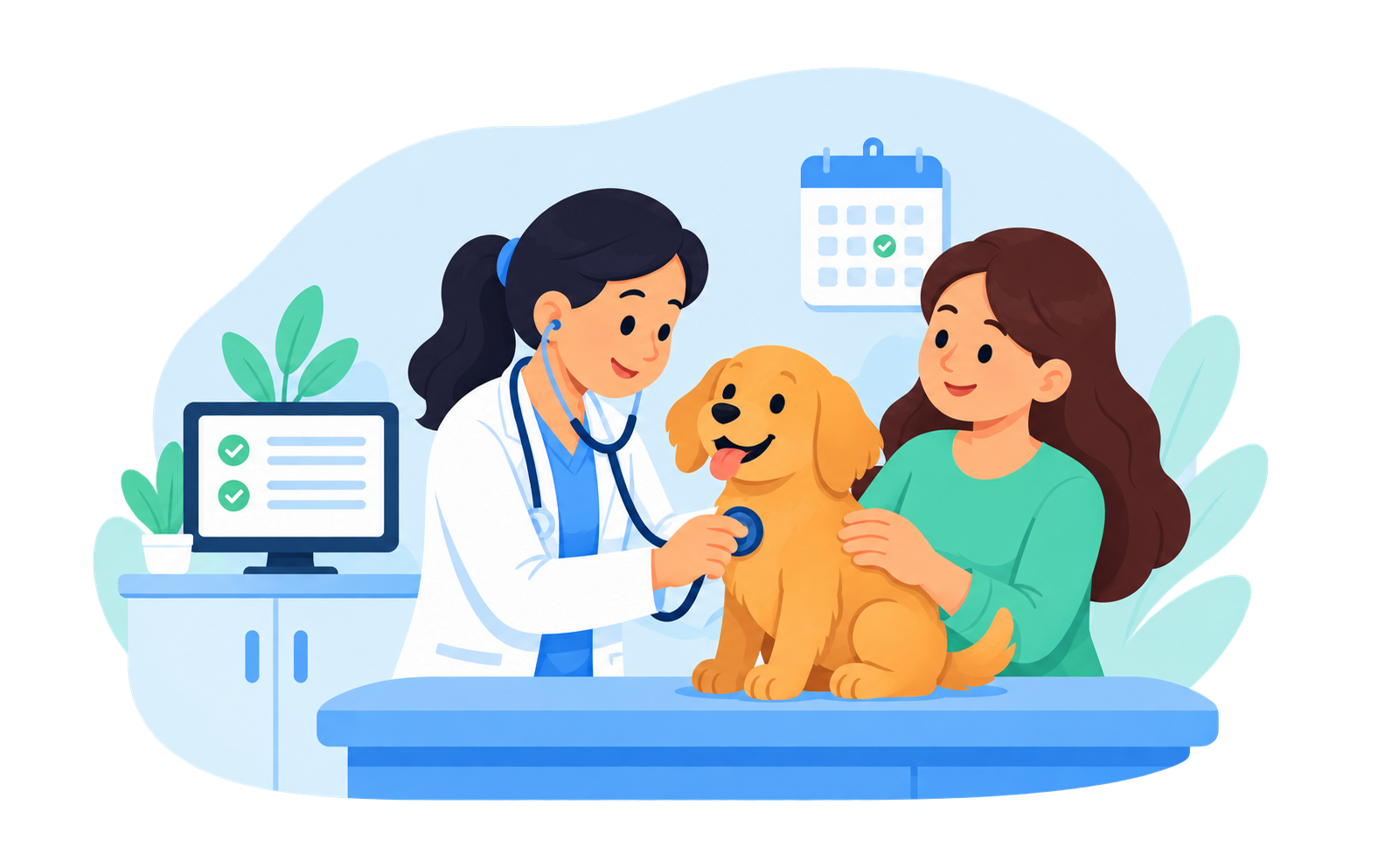 Veterinária auscultando um cachorro golden retriever sobre a mesa de atendimento enquanto a tutora o acomoda, em uma clínica organizada com agenda e prontuários em dia ao fundo